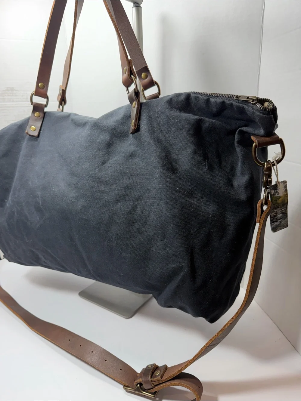 RED HOUSE Waxed Canvas Weekend Tote with Leather Straps - Gray made by hand